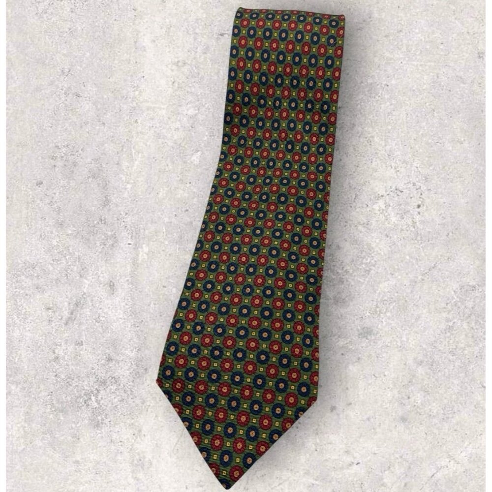 CHURCH'S Silk Tie ITALY XL Green Blue Red Geometric W:3.8" EUC